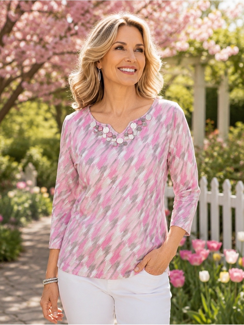 Ruby Rd. Pink Abstract Embellished Neckline Top - Size PM